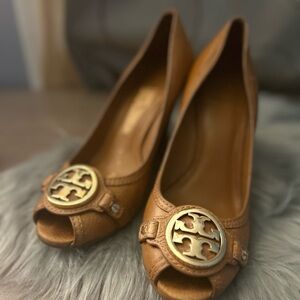 Tory Burch Brown Sally Peep Toe Wedges